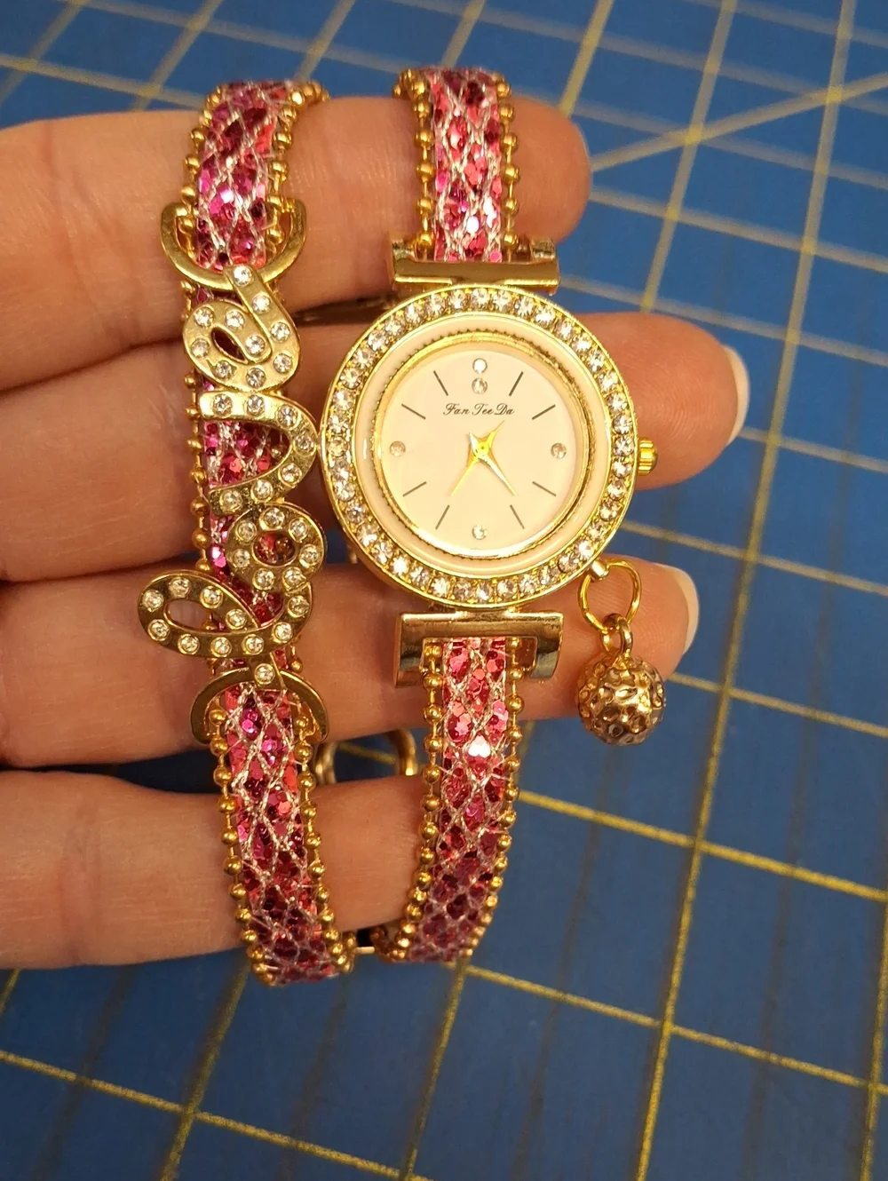 Fan Te Da Rhinestone Pink Love Pleather Charm Gold Tone 8